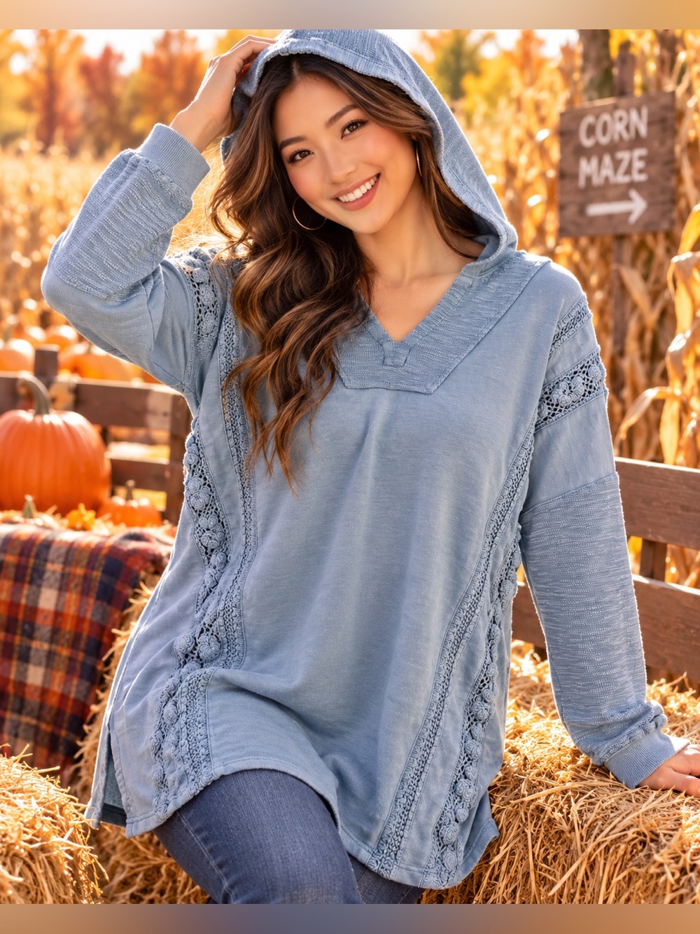 J. Jill Dusty Blue 100% Cotton Crochet Hooded Tunic Top Size Medium Boho